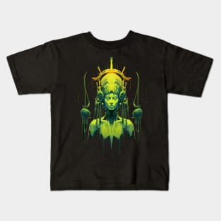 Cyberpunk Alien Queen: Retro-Futuristic Goddess in Polished Metamorphosis Kids T-Shirt